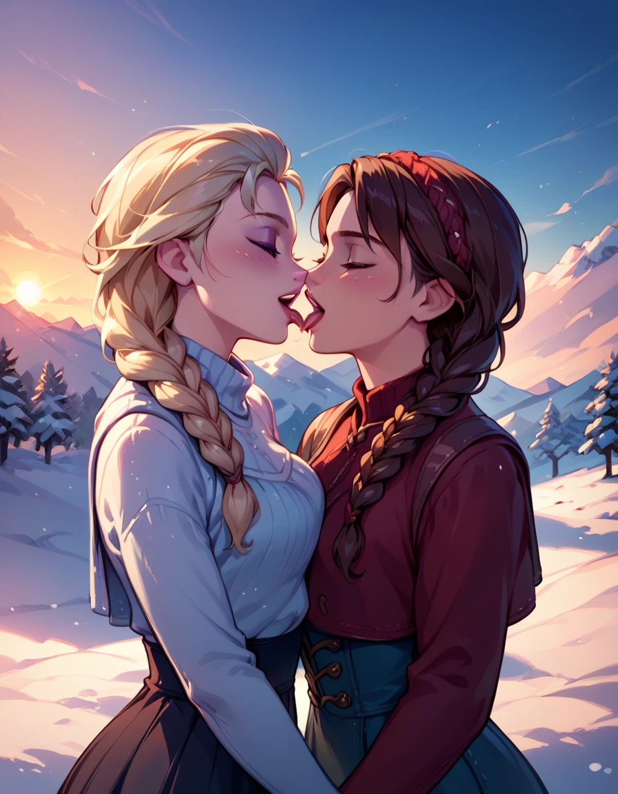 score_9, score_8_up, score_7_up, score_6_up, 2girls, elsa (blonde hair, braid:1.1) and anna (brown hair, braided pigtails:1.3),, romantic scenes, on dates, frolicking in the snow, lovers, in love, cinematic lighting,, sunset, cowboy shot.