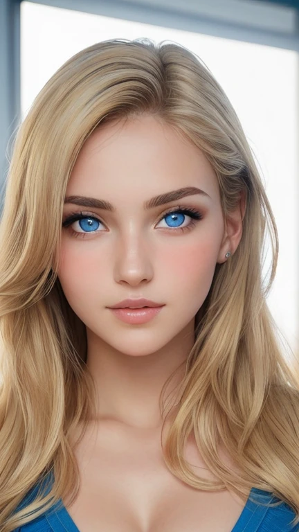 ((best quality)), ((masterpiece)), (detailed), perfect face, very attractive beautiful 19 years old blonde blue eyed spanish girl with medium long hair and clear blu eyes looking directli into camera, hot, sexy, pasport photo, beautifulest, round face, good chin, best propotions, high textured skin and hair, amazing blue eyes and  blonde hair
