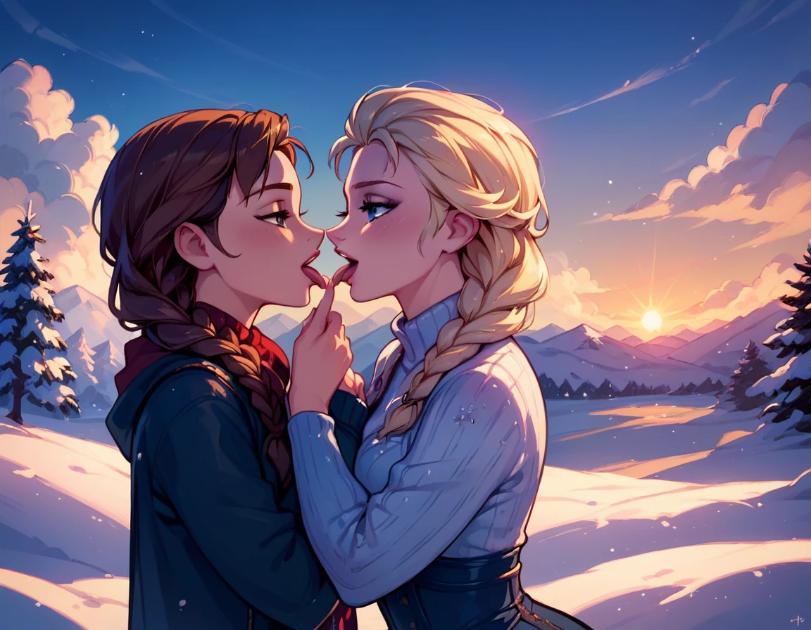 score_9, score_8_up, score_7_up, score_6_up, 2girls, elsa (blonde hair, braid:1.1) and anna (brown hair, braided pigtails:1.3),, romantic scenes, on dates, frolicking in the snow, lovers, in love, cinematic lighting,, sunset, cowboy shot.