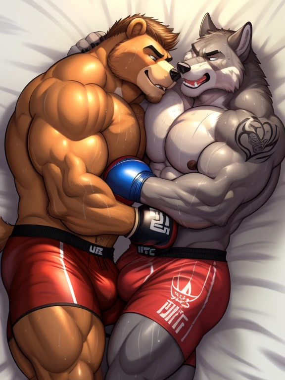 Duo male(Brown Bear vs Gray wolf, handsomes, handsome hairstyle, tails, Thick eyebrows), gay(Lying down, cuddling embraced, body against body, on a bed match), hot(Shirtless), handsomes(They are handsomes, correct anatomy), musculosos(Big muscle bodies, Six packs, muscle abs, big pecs, muscle backs, muscle legs), sweaty(very sweaty wet bodies, shiny sweat), tatuajes(they have tattoos), Hurt(Both have an hurt expression, growling, open mouths steaming breath), boxing gloves(They both are wearing boxing gloves), UFC boxers(they both are wearing ufc boxers), Hight resolution, by(Zourik:1.1)