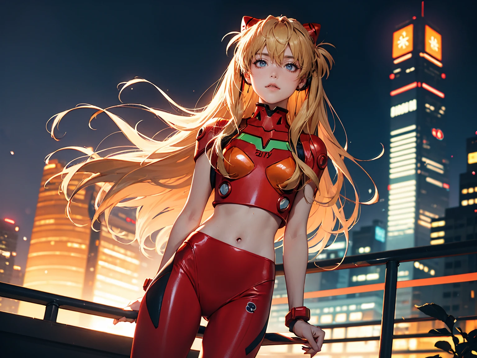 Realistic wide-angle photos,Dynamic Angle,Extremely detailed, illustration, close up, straight on, 1 girl, ((Muneru Asuka Langley, Interface Headphones, Red leggings:1.4, Blonde)),Her eyes shone like Dreamy stars,(Glowing eyes:1.233),(Beautiful and delicate eyes:1.1),(poker face,Residence),(Everlasting), Standing on a high point overlooking the Third New Tokyo City, Dreamy, [[Slender fingers and hands:0.55]::0.85],(Detail fingers)