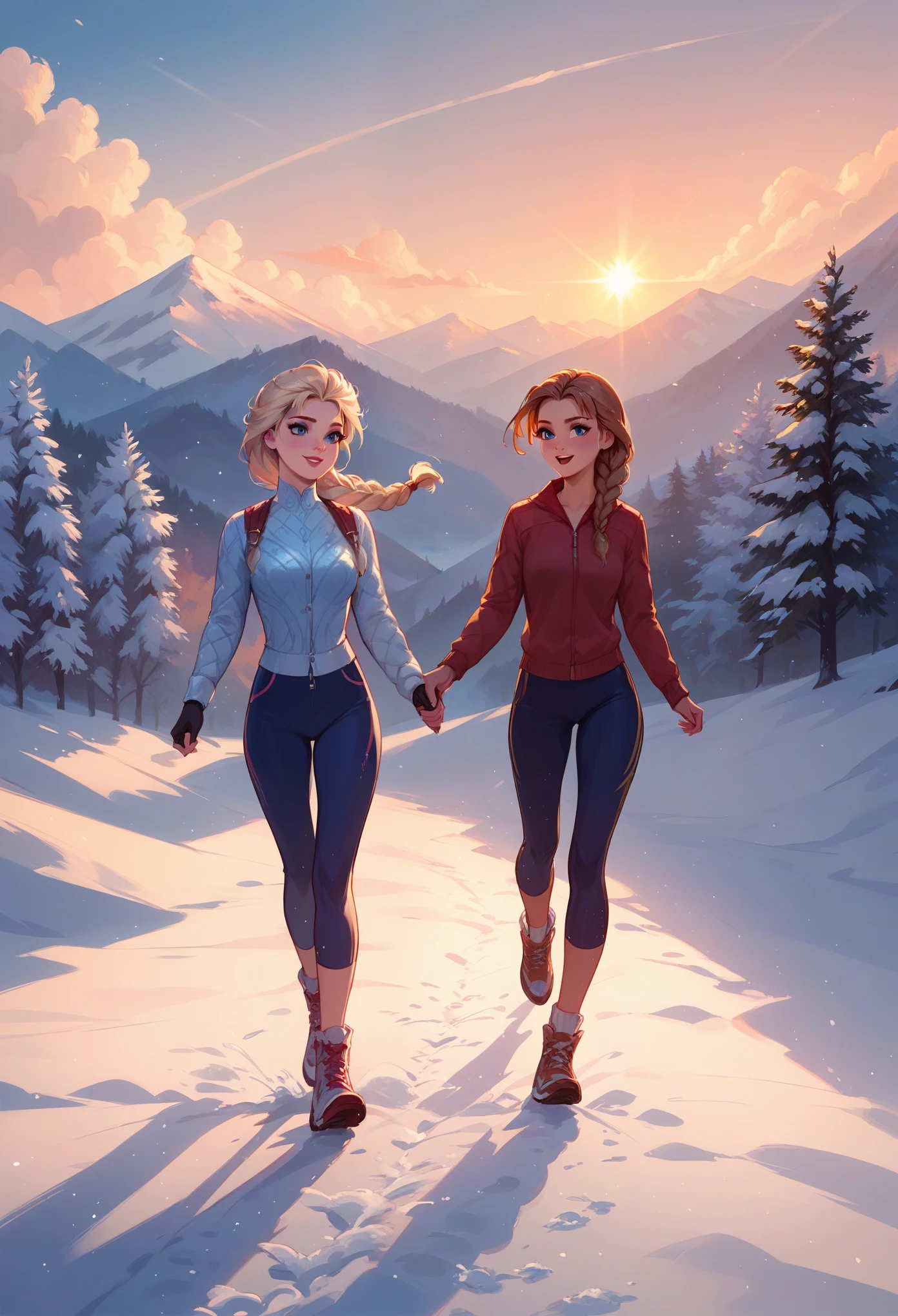 score_9, score_8_up, score_7_up, score_6_up, 2girls, elsa (blonde hair, braid:1.1) and anna (brown hair, braided pigtails:1.3),, romantic scenes, on dates, skiing, lovers, in love, cinematic lighting,, sunset, cowboy shot.