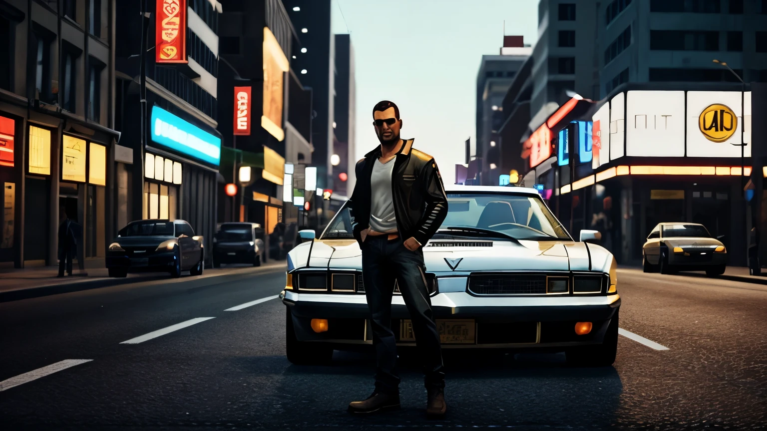 A GTA 3 player is standing on the road in front of the lighting city and he had a gun in his hand and a car is beside him