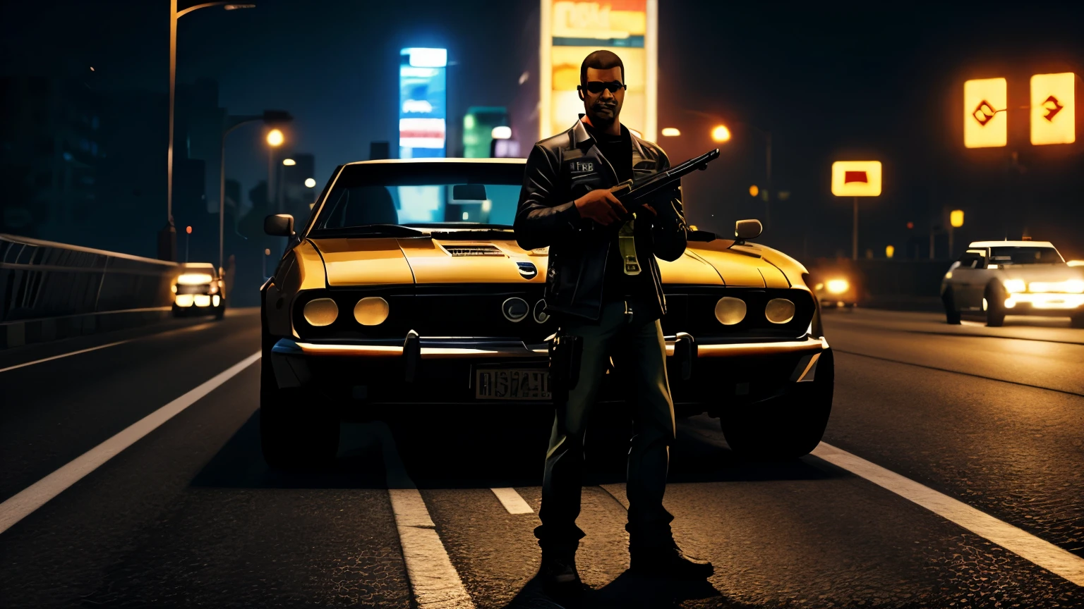A GTA 3 player is standing on the road in front of the lighting city and he had a gun in his hand and a car is beside him