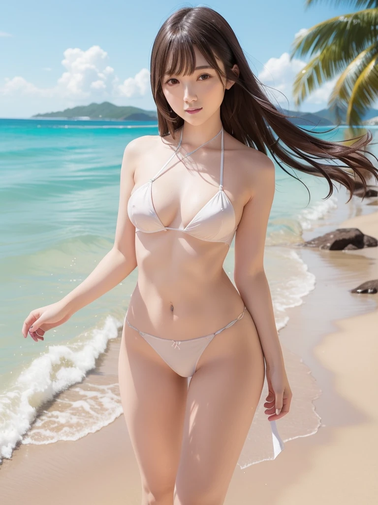 (best quality:1.2), (masterpiece:1.2), full body, very detailed, high resolution, 8k, ((1 girl)), cute Japanese woman, cute 24 year old beauty, slim body, (slightly saggy medium breasts), thin lips, detailed face, Beautiful and elegant face, cute face, natural bangs, arched eyebrows, well-groomed eyebrows, (big eyes with a good balance between the left and right sides), cute eyes, beautiful eyes, beautiful thin nose, beautiful face line, (beautiful skin), medium Hair, Perm Hair, (natural bangs), slim face, slim figure, (looking at the camera with a Gentle smile), beautiful legs, smooth skin skin, slim and beautiful thighs, ((wearing a micro bikini)), side tie panties, cute and sexy slim 24 year old woman, fair skin , Beautiful breasts, (Slender and slim body:1.5), (Slim waist), (slim hips), ((slim Butt)), I-type Valley, cleavage, (two-tone bikini:1.2), (legs apart:1.2), (Natural Light:0.8), (lighting forward:0.8), (lighting front:0.8), (Flat lighting:0.8), Gentle smile, (criss-cross halter), Detailed fingers, beautiful hands, ((Tropical beach)), ((Girl walking on the beach)), ((hair blowing in the wind)),