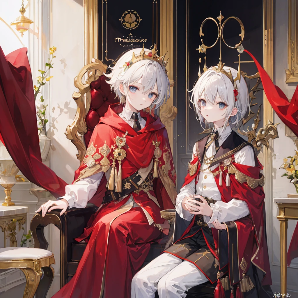 (T Masterpiece、Extremely high quality、high resolution、Best Quality)、Shota、juvenile、Prince Boy、White-haired boy wearing a crown、Red Cape、Sitting on the throne