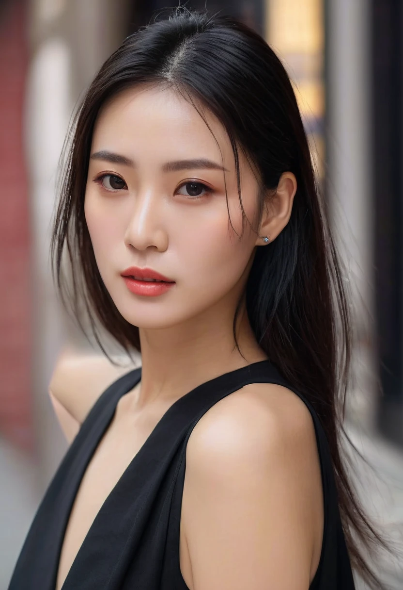 ((chinese woman, she is a professional fashion model, 30 years old, has stylish atmosphere)), wearing stylish black dress, at street, black medium hair, black eyes, closed mouth, (Slanted Eyes, Hanging eyes, small eyes, narrow eyes:1.2), (No-makeup look:1.2), profile photo, ((high-quality, hyper realistic, photorealistic, 8K, best quality, 4k, highres, masterpiece:1.5)), ultra-detailed, (realistic, photorealistic, photo-realistic:1.3), HDR, UHD, ultra-fine painting, sharp focus, physically-based rendering, extreme detail description, professional,