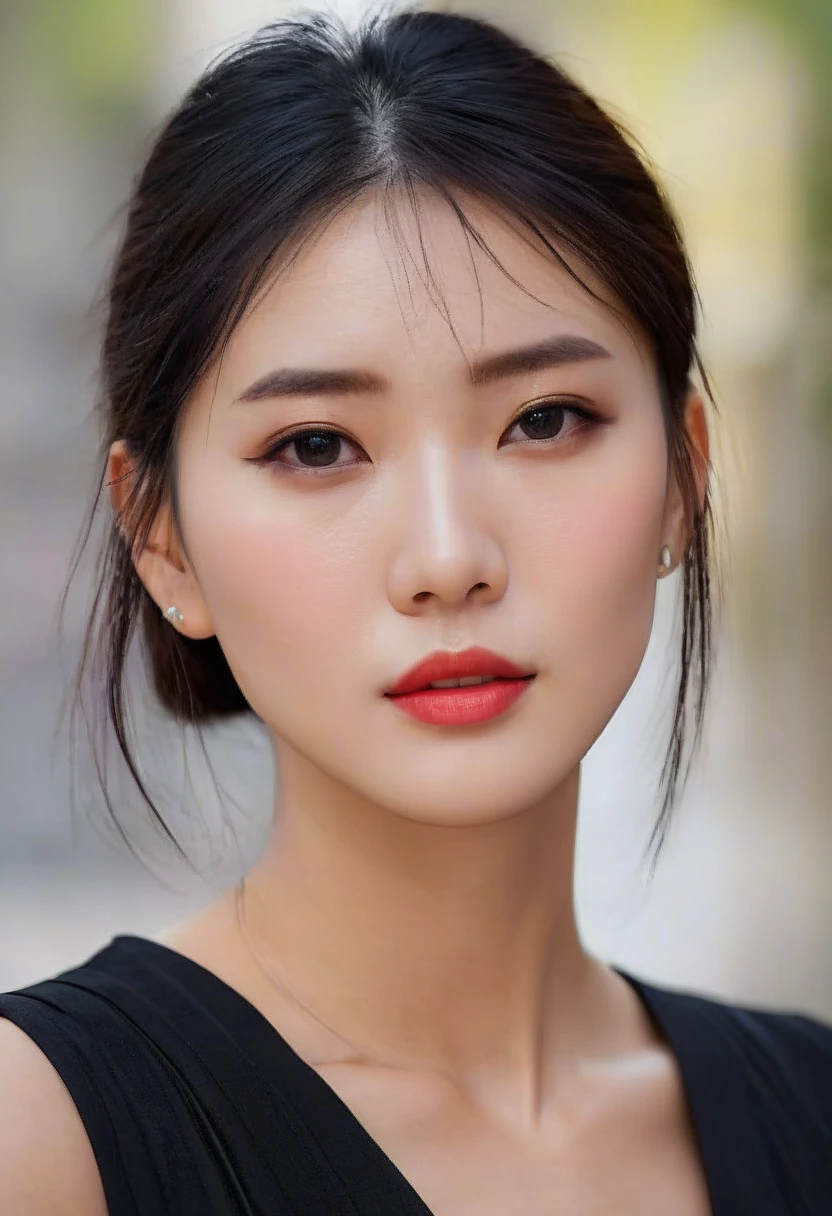 ((chinese woman, she is a professional fashion model, 30 years old, has stylish atmosphere)), wearing stylish black dress, at street, black medium hair, black eyes, closed mouth, (Slanted Eyes, Hanging eyes, small eyes, narrow eyes:1.2), (No-makeup look:1.2), profile photo, ((high-quality, hyper realistic, photorealistic, 8K, best quality, 4k, highres, masterpiece:1.5)), ultra-detailed, (realistic, photorealistic, photo-realistic:1.3), HDR, UHD, ultra-fine painting, sharp focus, physically-based rendering, extreme detail description, professional,