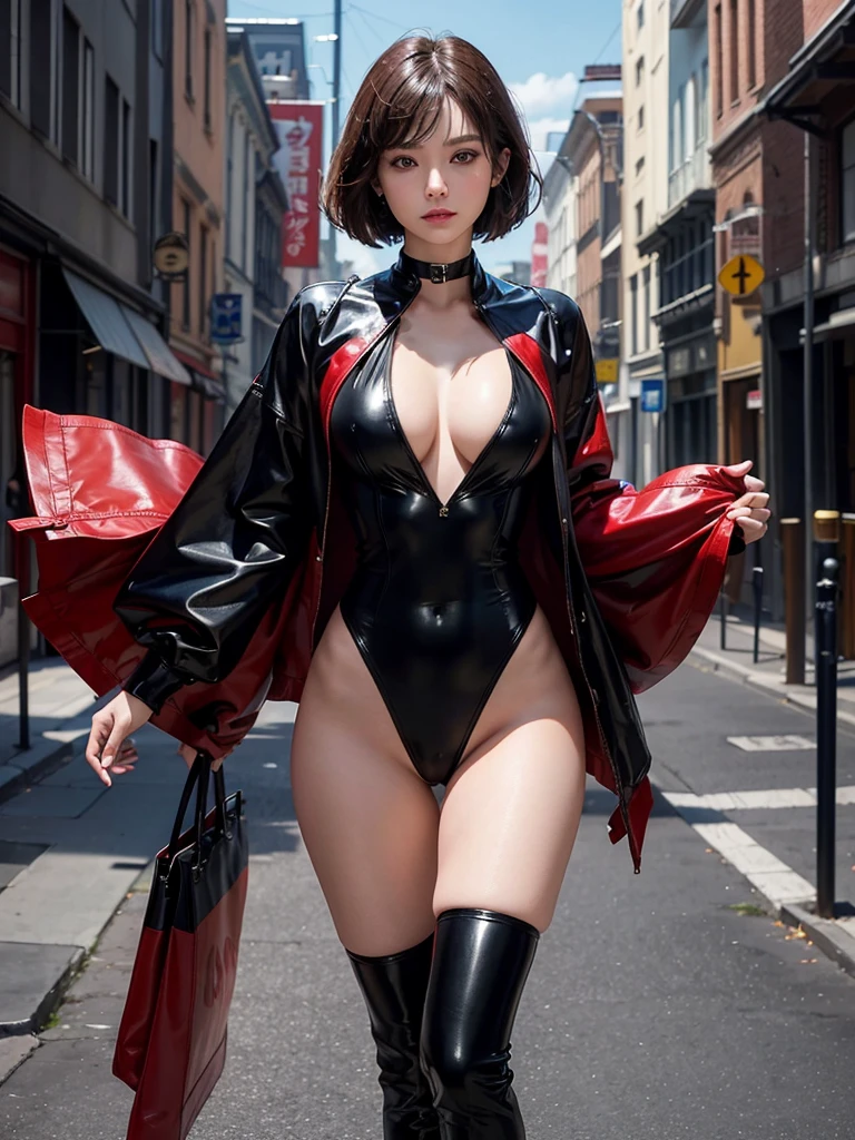 Very Short Hair, (masterpiece、highest quality、Official Art), Beautiful face and dark eyes, Look down, Looking at the audience:1.5, Big smile, Wet Hair, Small Top, Red jacket, Long white boots, garter belt, (Black bondage suit:1.2), Red collar, Red choker, Futuristic black leather mask, Glowing Skin, Standing with your legs apart, Spread your legs wide, Realistic:1.9, Very detailed, Full Body Shot:1.2, Super Heroine, High-resolution RAW color photos, High Detail, Ultimately realistic details, Ultimately realistic texture, Ultimate in exquisite detail, Professional photos, Sexy portrait of a girl, Voluptuous bust, Narrow waist, Cleavage, Trained abdominal muscles, BIG ASS, Complete the whole body, Full body image, No underwear, highest quality, ((background:In town:1.4)), suzune, suzune's clothes