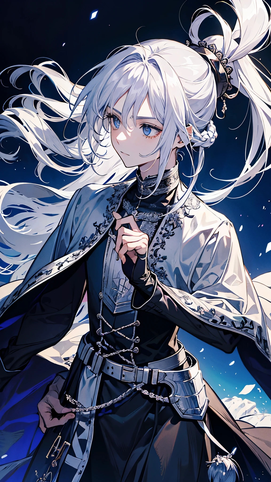 A knight around 25 years old wearing silver armor and a swordsman with long silver hair tied in a ponytail.
