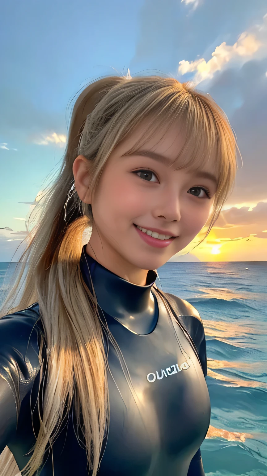 （ponytail）、Take a selfie from the front、Masterpiece（Close-up shot 1.7）、looking at the camera、Mid-chest、(tanned skin1.5)、19 years old、Light blonde、With bangs、Cute smile、（Wetsuit）、Hawaii、sunset、Wet Hair、Ocean