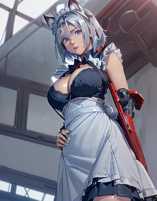 (8k, Realistic, RAW Photos, Highest quality, (from below:2), View your viewers: 1.3), (Fox Girl, Fox Ears, One Girl, Alone on the screen, dark skin, High definition, (boyish, Silver color very short hair), (Silver and blue odd eyes):1.4), とてもbeautiful, (Realistic Face), (maid apron, Clothes that are mainly black with red accents, Long skirt, Clothes with an open chest, (mecha musume):1.5), (Body measurements: 88-55-77!, Height is 145 cm, Nice body, Big Breasts, skirt hold, slender, Accentuate the cleavage:1.6), Standing posture, A brilliance that captivates the viewer, beautiful expression, beautiful breasts, (Realistic Skin), beautiful...