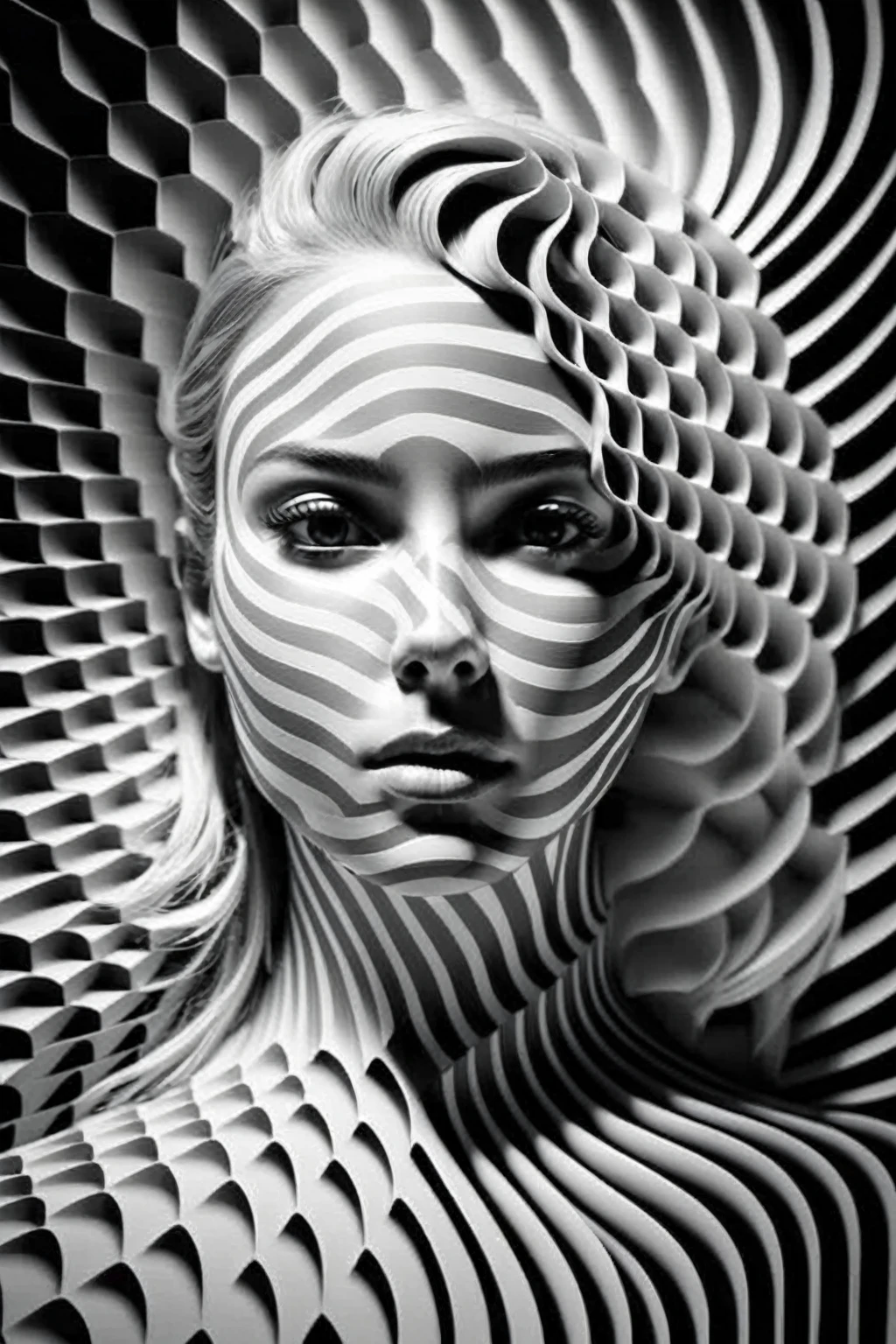a woman with a black and white pattern on her face, stunning digital art, complicated digital art, 3 d digital art, 3d digital art, complicated digital artwork, Advanced 3D digital art, amazing detailed digital art, digital complicated art, Detailed 3D digital art, amazing digital art, 4k symmetrical portrait, 4k symmetrical portrait