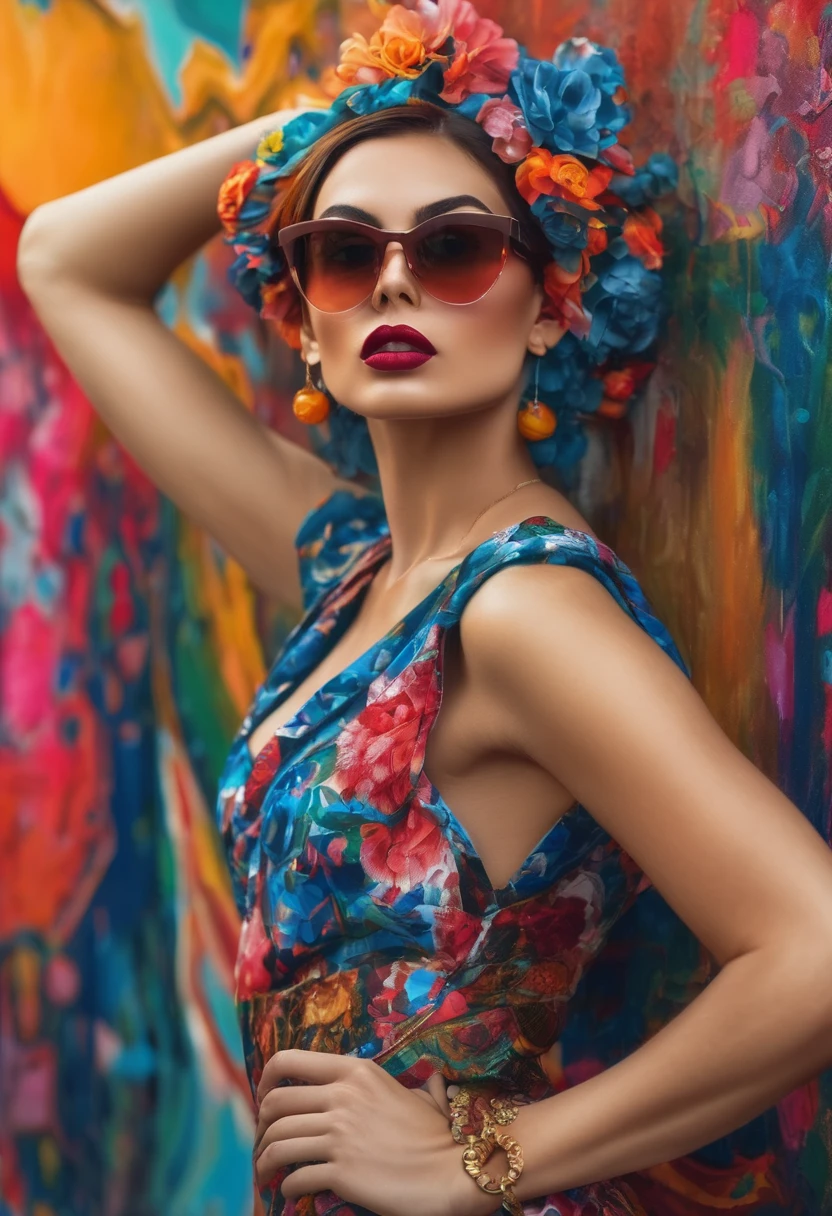 close-up of a beautiful woman with sunglasses, in an expressionist way, in a brave and impressive way, with flowery and pop cultural clothes, in a work of art way, Iridescent, midjorney, 8k., cleavage, short skirt, sexy, thigh