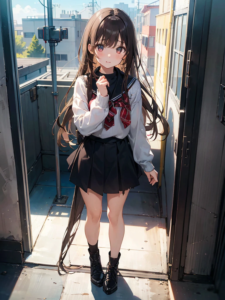 (Best quality, 8k, 32k, Masterpiece, UHD,:1.2),RAW, 1girl,ultra cute , natural lighting,transparent shining eyes, 20yo ,fair complexion, solo, female, sfw, medium shot, long straight hair, light brown hair, hazel eyes, teary eyes, white sweater, black skirt, workshop, robot innards, torn clothes:1.3, cables, full body portrait:1.5