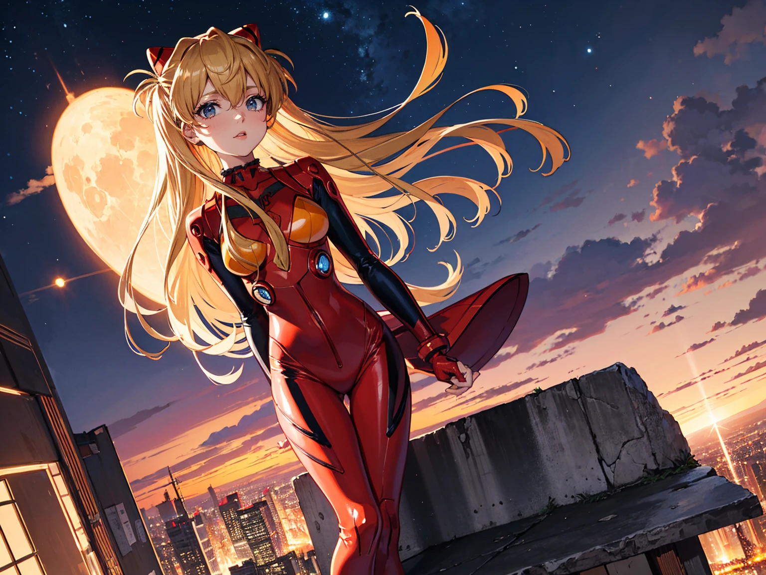 Realistic wide-angle photos,Dynamic Angle,Extremely detailed, illustration, straight on, 1 girl, ((Muneru Asuka Langley, Interface Headphones, Red leggings:1.4, Blonde)),Her eyes shone like Dreamy stars,(Glowing eyes:1.233),(Beautiful and delicate eyes:1.1),(Everlasting), Standing on top of Tokyo Tower (在漆黑的night), Soft Light, (night:1.2),Dreamy, [[Slender fingers and hands:0.55]::0.85],(Detail fingers)