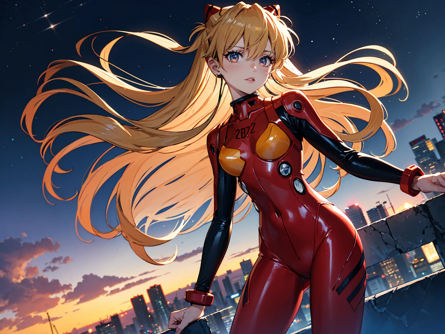 Realistic wide-angle photos,Dynamic Angle,Extremely detailed, illustration, straight on, 1 girl, ((Muneru Asuka Langley, Interface Headphones, Red leggings:1.4, Blonde)),Her eyes shone like Dreamy stars,(Glowing eyes:1.233),(Beautiful and delicate eyes:1.1),(Everlasting), Standing on top of Tokyo Tower (在漆黑的night), Soft Light, (night:1.2),Dreamy, [[Slender fingers and hands:0.55]::0.85],(Detail fingers)