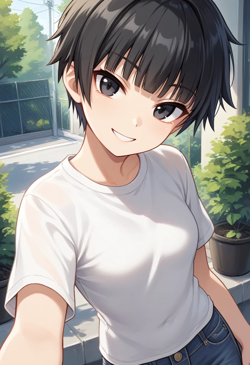 1girl, solo, tomboy, straight hair, short hair, blunt bangs, black hair, score_9, black eyes, white t-shirt, jeans, outdoors, upper body, looking at viewer, smile