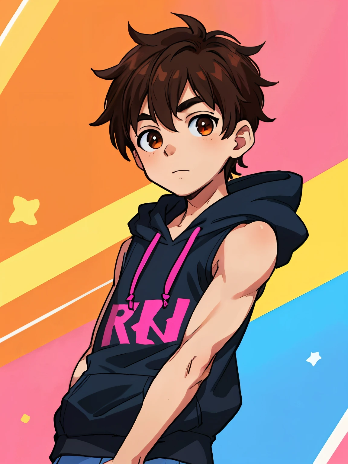Highres, Masterpiece, Best quality at best,Best Quality,hight quality, hight detailed, Anime style, 1boy, Shota, young boy, Solo person, Black hoodie, Sleeveless hoodie, Seen from the front, look at viewer, (very young boy), (very small and short body), 12-year-old boys, hansome boy, Uhd, 8k reesolution, bokeh