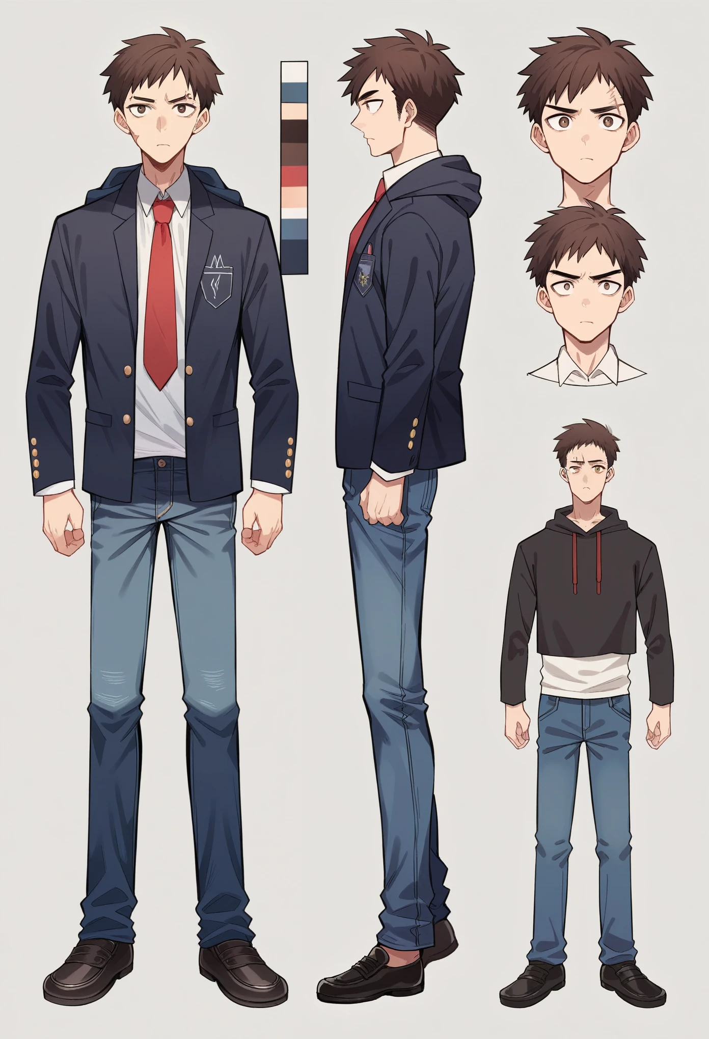 reference_sheet, white_background, multiple_views, full_body, face_image, multiple_expressions, detailed_clothing, front_view, side_view, back_view, close-ups, Aru, boy, , average height, slightly lean athletic build, short dark brown hair often ruffled, large expressive brown eyes, fair complexion, small scar on left eyebrow, casual_clothing: jeans, t-shirts, hoodies, school_uniform: blazer, white_shirt, tie, pants, black_shoes, Expressions: normal: shy, introverted, hint of sadness, using_power: glowing_eyes, confident_posture, manipulating_others: cold_eyes, calculating_expression, struggling_with_emotions: tired_eyes, sorrowful_expression, 4k quality, similar face