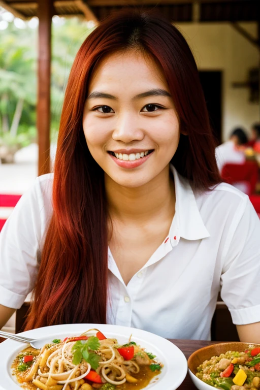Thai women , long hair , red hair , looking at camera , smile , eating food