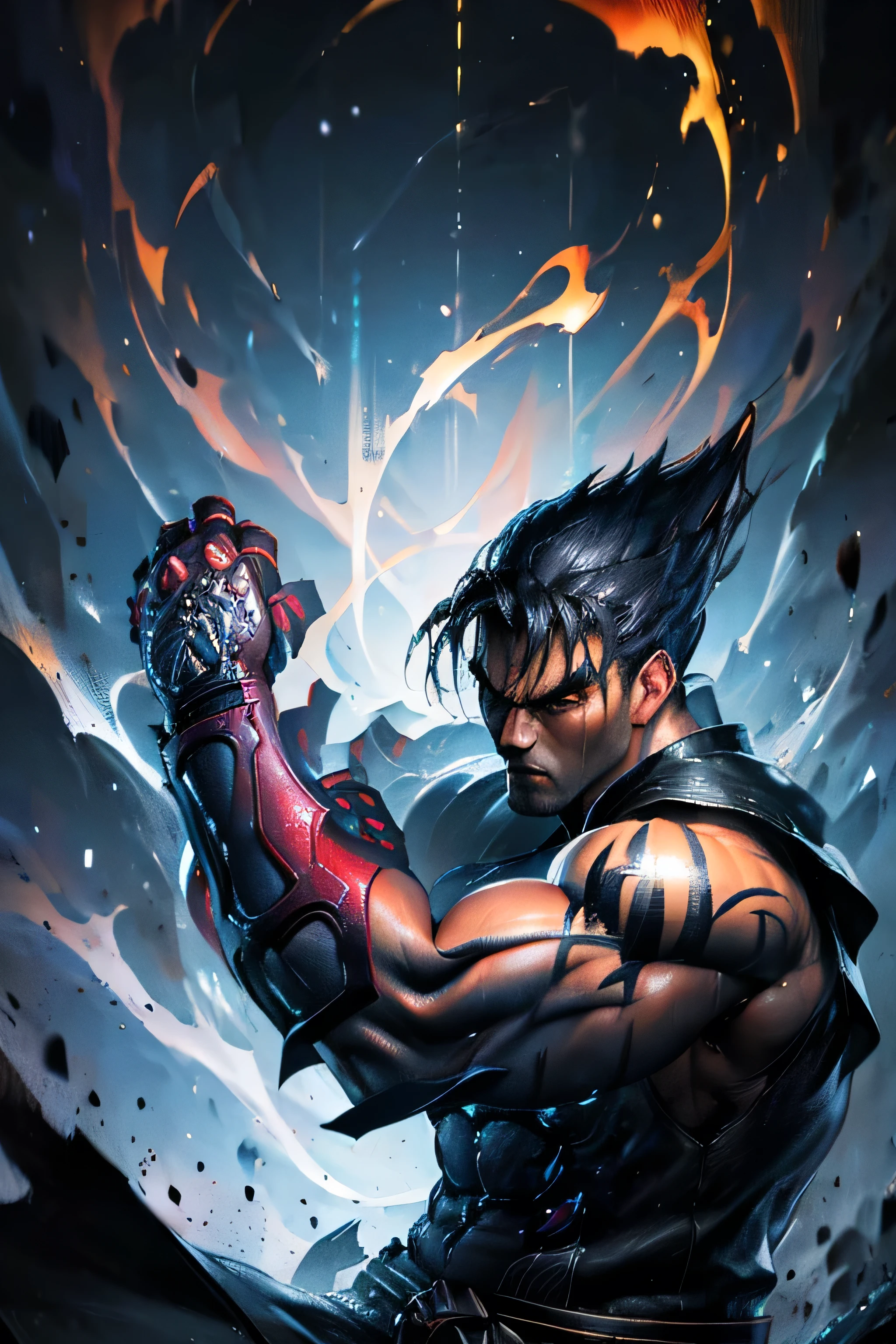 a muscular man with black hair, intense eyes, detailed face, highly detailed, intricate detail, oil painting, cinematic lighting, dramatic atmosphere, strong facial features, action pose, dark background, moody colors, tekken character, Jin Kazama