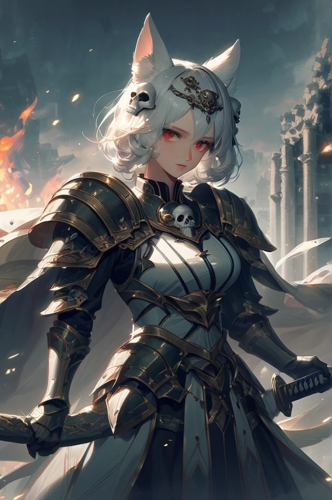 ((Лучшее качество)), ((шедевр)), (подробный), fox is a girl,an adult woman,big breasts, animal eyes,fox ears on her head, long white hair, red eyes, stands tall, proud look,dressed in heavy armor,armor decorated with skulls,skull ornaments on her shoulders, holds a katana handle in her right hand,a long katana,a black bladeBlack smoke emanates from the katana, the left hand points to the background of destroyed buildings, fire.