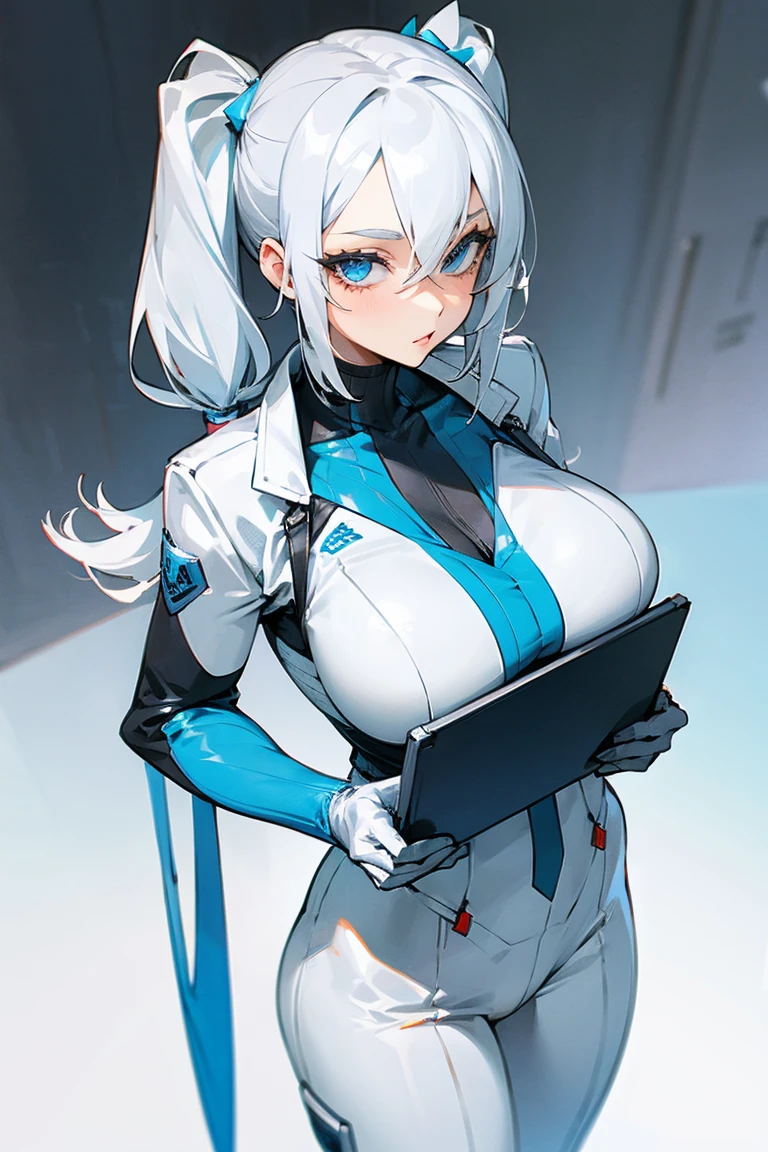 1female, white hair, pigtails, blue eyes, grey and white suit, clip board, tall, milf,(mature female:1.2)