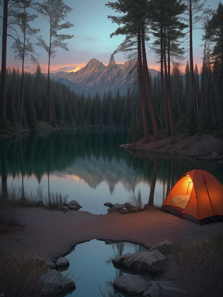 a beautiful campfire, a campground by a lake, a tent nearby, night, lovely atmosphere, cinematic lighting, dramatic shadows, glowing embers, warm colors, reflection in the lake, detailed landscape, serene and peaceful, photorealistic, (best quality,8k,highres, masterpiece:1.2),ultra-detailed,(realistic,photorealistic,photo-realistic:1.37),landscape,dramatic lighting,vibrant colors