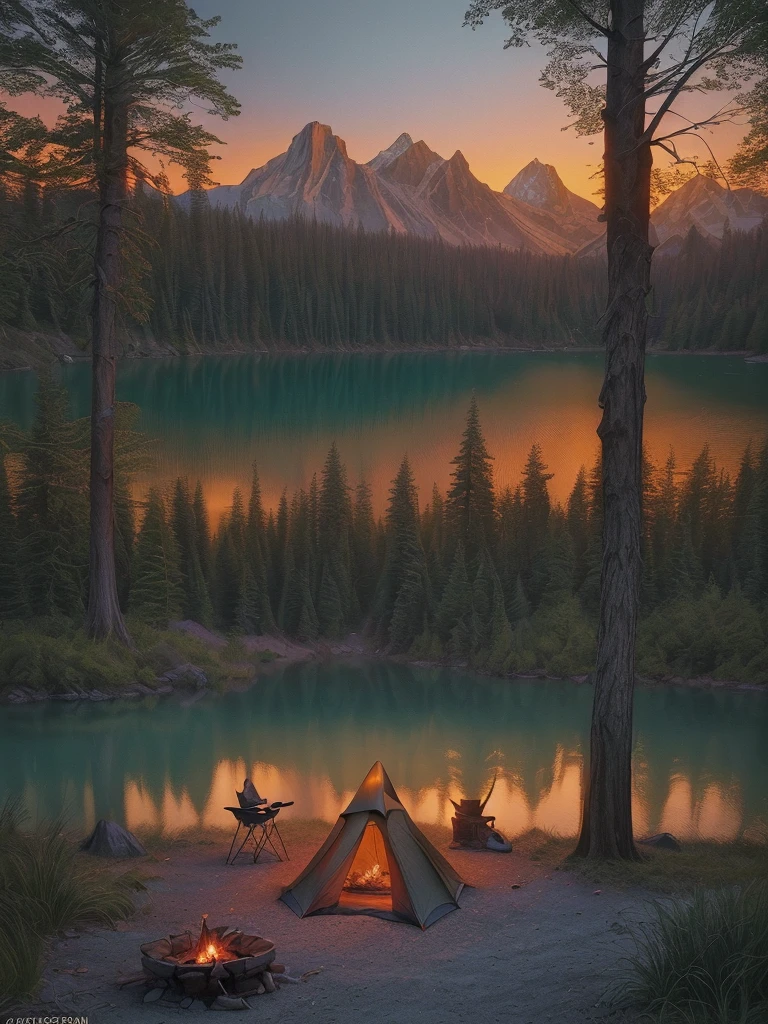 a beautiful campfire, a campground by a lake, a tent nearby, night, lovely atmosphere, cinematic lighting, dramatic shadows, glowing embers, warm colors, reflection in the lake, detailed landscape, serene and peaceful, photorealistic, (best quality,8k,highres, masterpiece:1.2),ultra-detailed,(realistic,photorealistic,photo-realistic:1.37),landscape,dramatic lighting,vibrant colors