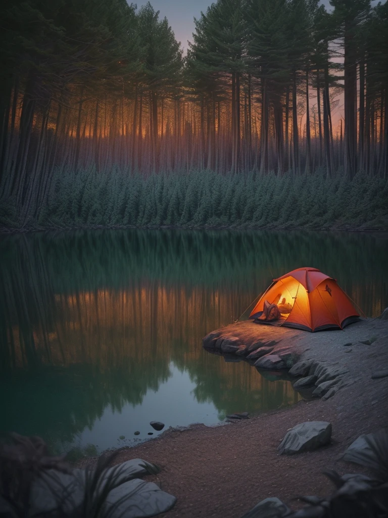 a beautiful campfire, a campground by a lake, a tent nearby, night, lovely atmosphere, cinematic lighting, dramatic shadows, glowing embers, warm colors, reflection in the lake, detailed landscape, serene and peaceful, photorealistic, (best quality,8k,highres, masterpiece:1.2),ultra-detailed,(realistic,photorealistic,photo-realistic:1.37),landscape,dramatic lighting,vibrant colors