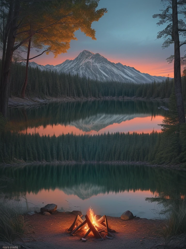 a beautiful campfire, a campground by a lake, a tent nearby, night, lovely atmosphere, cinematic lighting, dramatic shadows, glowing embers, warm colors, reflection in the lake, detailed landscape, serene and peaceful, photorealistic, (best quality,8k,highres, masterpiece:1.2),ultra-detailed,(realistic,photorealistic,photo-realistic:1.37),landscape,dramatic lighting,vibrant colors