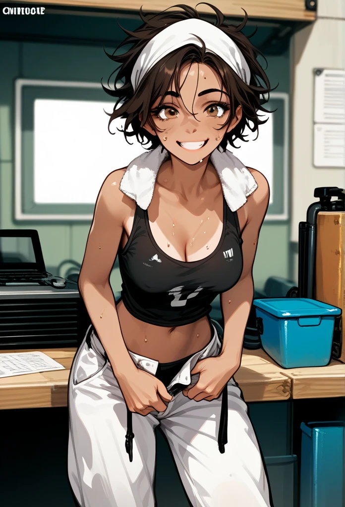 masterpiece, best quality, mature woman, messy hair, black hair, brunette gradient hair color, hot face, (tomboy face), tan skin, mature body, fit body, medium breasts, mechanic gloves, (dirty tank top), stained tank top, midriff, white bandana, mechanic pants, loose pants, workshop, (sweaty), bending over, towel around neck, front view, excited smile