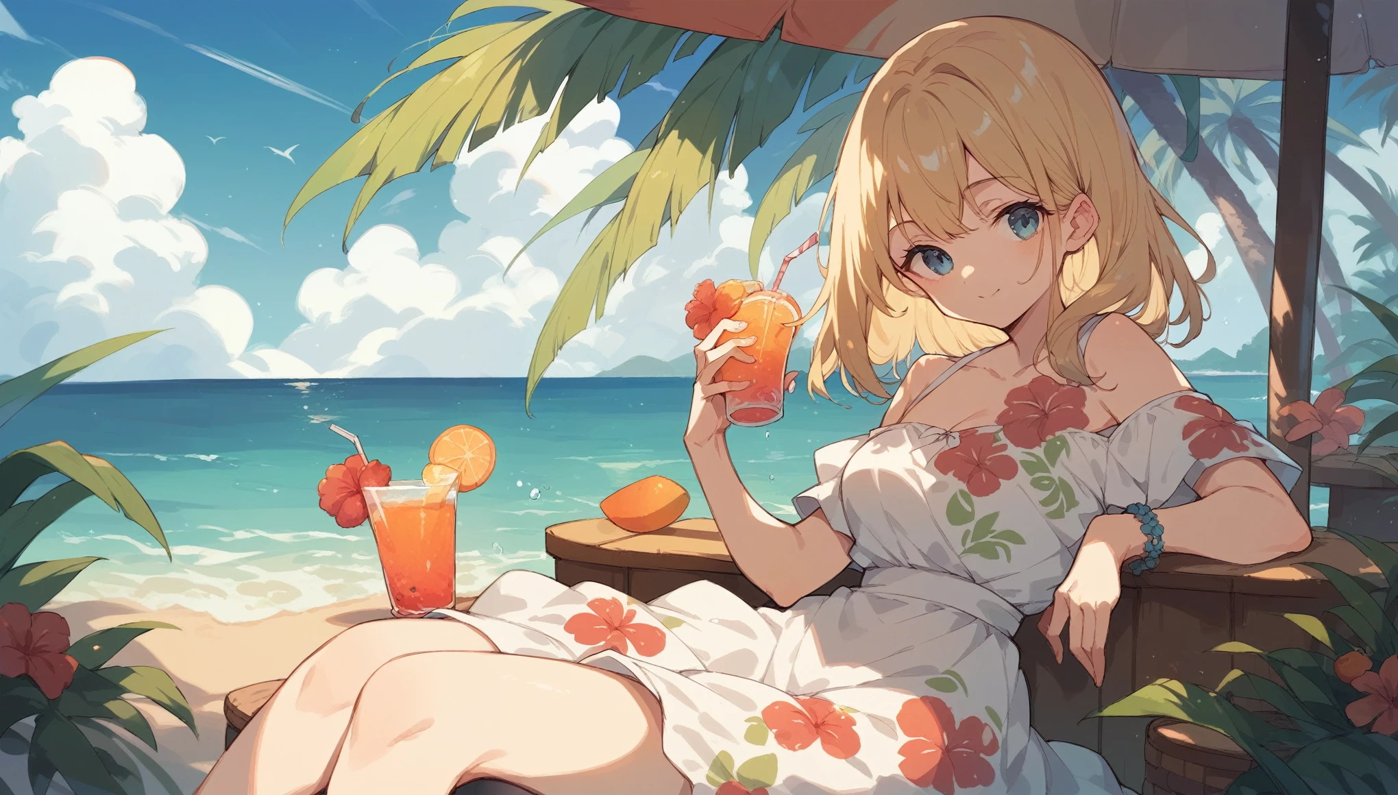 Highest quality,Hawaiian Cafe,Blonde,White dress,Fruit drinks,Palm Tree,Ocean,blue sky