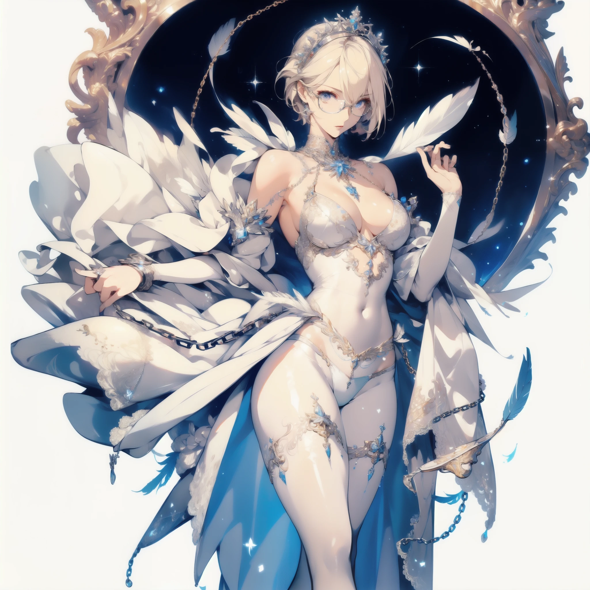 ((masterpiece, best quality)), Delicate face,goddess,little angel,Scales,whole body,Standing picture,Perfect body proportions,Long legs,High heel,Short hair handsome,Cold,beautiful eyes,Fantasy style,White background,Extremely beautiful,transparent,Sex bikini,chain,Tattoo,Lace,Pantyhose,feather-adorned,Glasses,Charm