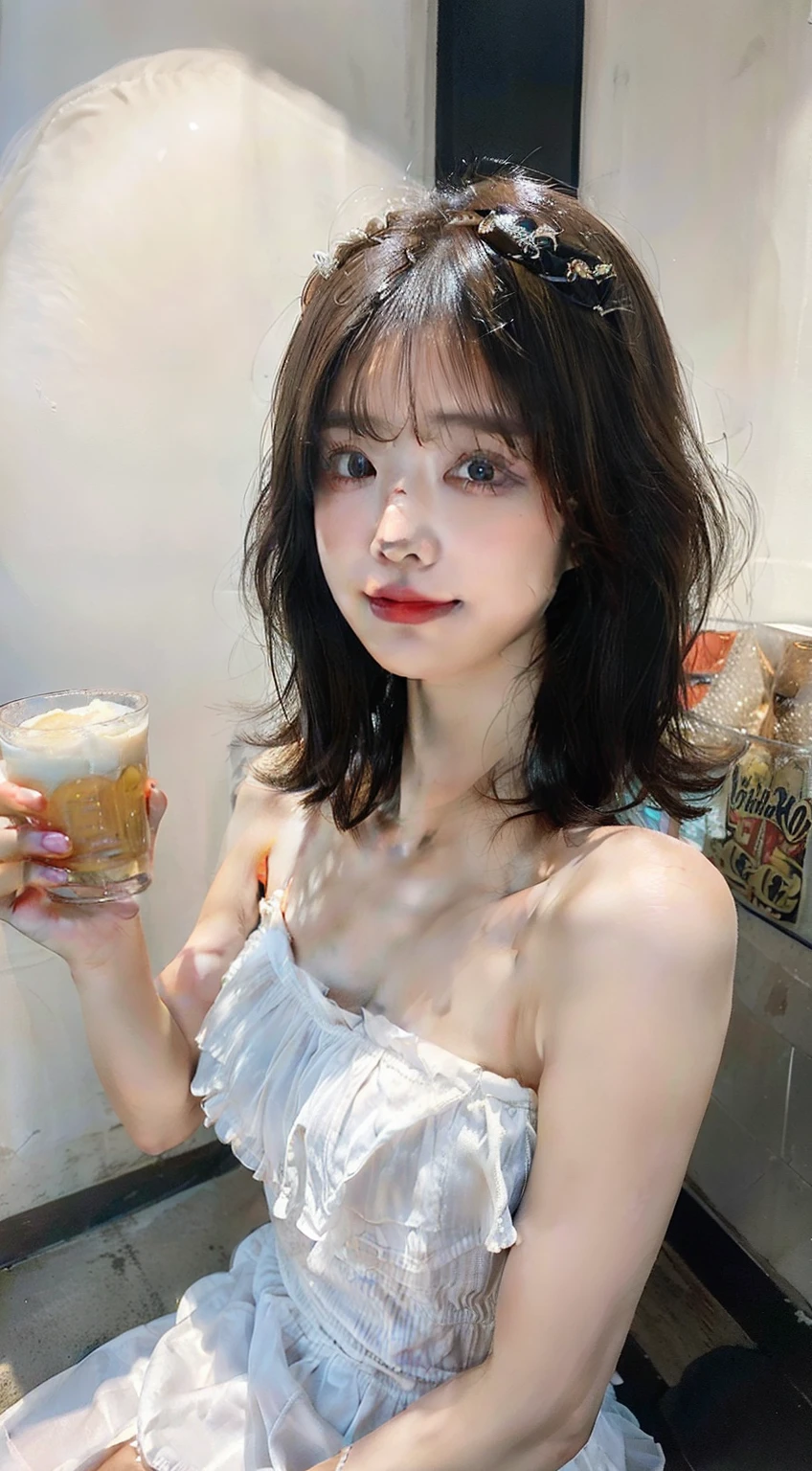 ((Best Quality, 8K, Masterpiece:1.3)), Focus: 1.2, Perfect Body Beauty: 1.4, Buttocks: 1.2, ((Layered Haircut, Breasts: 1.2)),Bandeau Dress: 1.1, Highly Detailed Face and Skin Texture, Fine Eyes, Double Eyelids, Whitening Skin, Long Hair, (Shut Up: 1.3), Smile,holding beer, drink beer,