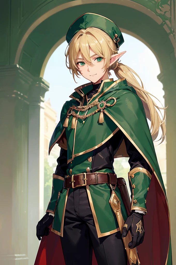 (((masterpiece; best quality: 1.2))), (finely detailed eyes: 1.3), (25 year old elf man), (solo), (green eyes: 1.4), (body; toned, fit, masculine: 1.3), (silky blonde hair in low ponytail: 1.3), (beautiful and clear background: 1.2), ((depth of field)), (equipment: adventurer garb + modest + elegant tricorne hat + dark overcoat + dark long cape + black pants + gloves + belt + pouches: 1.3), (anime illustration: 1.2), (background composition; royal garden: 1.1), (extremely fine and handsome: 1.1), (shot composition; standing + centered on torso + close-up: 1.5), (expression; calm, smile: 1.2)