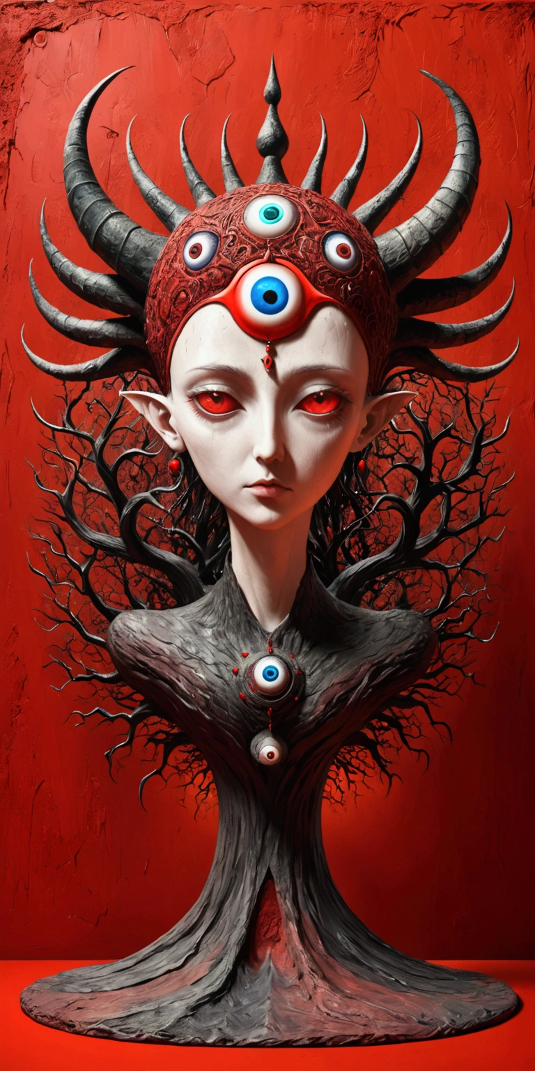 3D Abstract Sculpture,Craft design,weird,Horns on the head - long,The third eye on the forehead,Eyeball Crown,whole body,Abstract Art,Surrealism,Red background,panoramic,Wide Angle