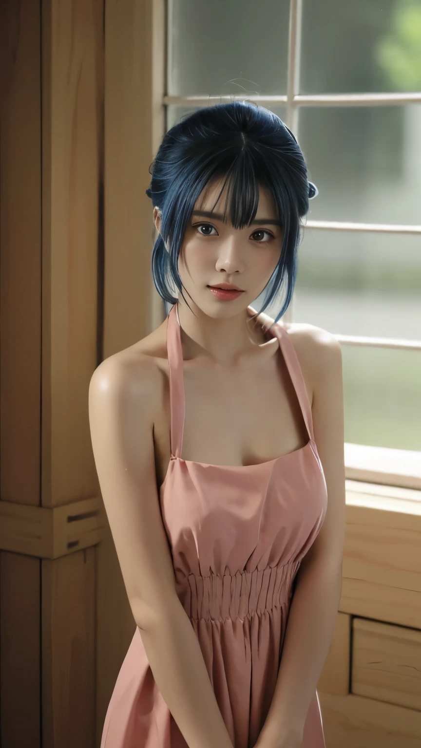 A highly detailed digital photo of Xiangling from Genshin Impact in a realistic style. The central focus of the image is a single girl standing in a dimly lit, gamer-themed bedroom, her blue hair styled to mirror Xiangling's iconic haircut. Her captivating yellow eyes are looking directly at the viewer, reflecting an inviting warmth accentuated by a soft blush on her cheeks and an endearing smile on her lips. Dressed in attire that highlights her femininity and attractiveness, she radiates both strength and allure under a subtle flash of light illuminating key parts of the scene. Each element contributes to creating an environment that exudes solitary tranquility with a hint of playful mystique.