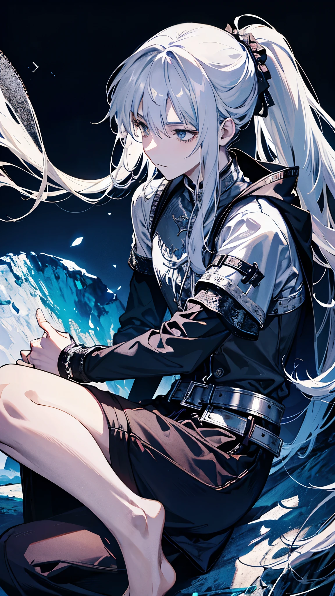 A knight around 25 years old wearing silver armor and a swordsman with long silver hair tied in a ponytail.,On one knee,