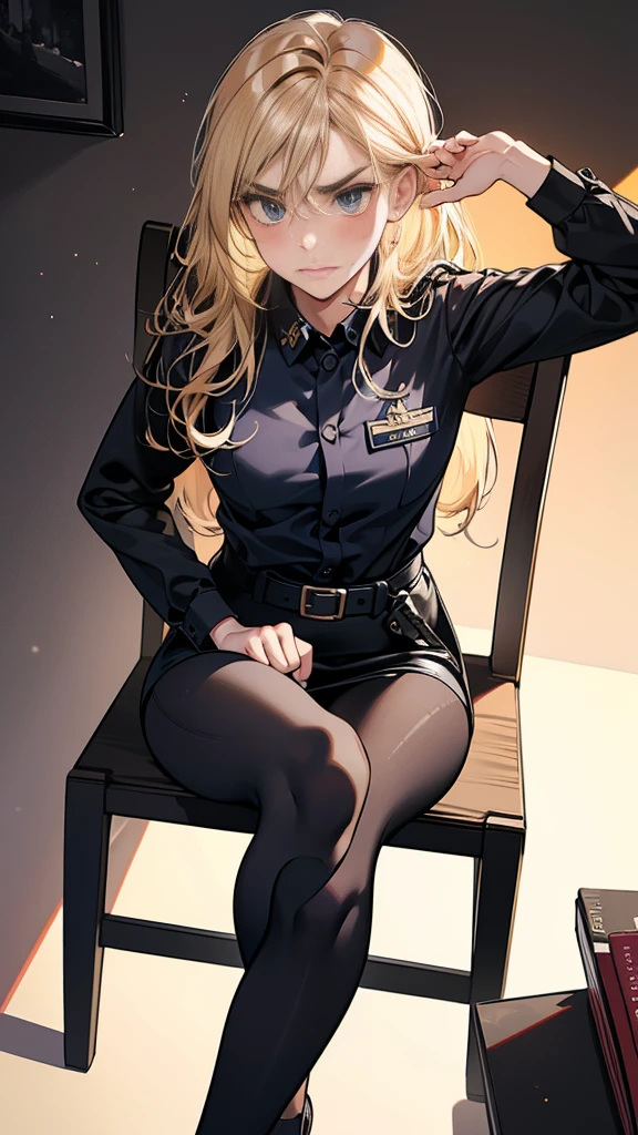 {{masterpiece}}, {{{Highest quality}}},{{Very detailed}},｛{{from below}}｝、｛{{View from below}}｝、｛{{Low - Angle}}｝Spread your legs,{{Blonde female police officer sitting on a chair}}Pencil skirt with slits,belt　Black leggings,Black tights,Small breasts　Black underwear、Thin legs　Black long sleeve police uniform,Sitting in a chair in an office with a serious expression,Focus on legs｛{{Sitting in a chair in an office with a serious expression成熟した女性}}｝,{{疲労でSweatをかいている成人女性}},Sweat,Hold the arm with one hand　,sit,{{Blushing}},{{V-shaped eyebrows}}},{{{}},{椅子にsit}},{},, ,{{}},,,{{}},{{}},,Slender body}}{{Female police officer}},,blush,Wrinkles ,amount,Grit your teeth,suffering,v-shaped eyebrows.,Sweat dripping ,get annoyed,,Inside the office,
