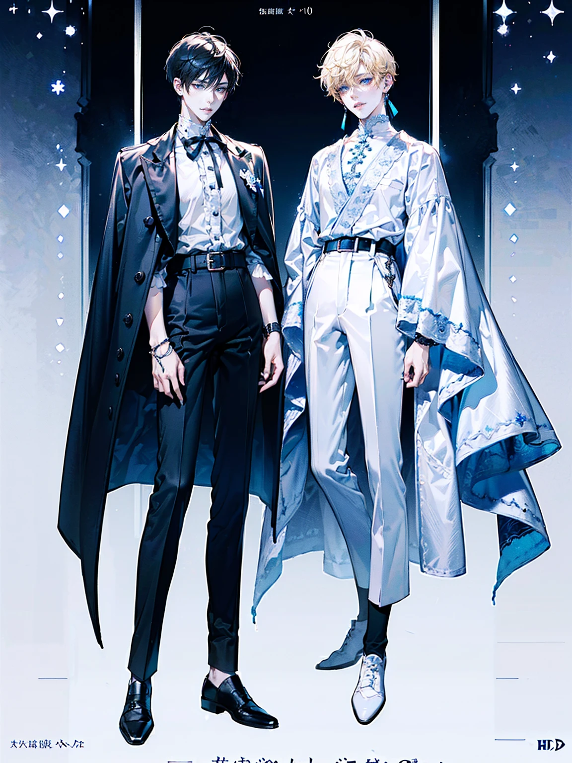 ((full body: 2)), ((UHD, masterpiece, super detail, best quality, highres, 8k)), (detailed line art), perfect face, perfect body, perfect hands, perfect feet. Humans, around 20 years old, (2 males: 2.0), ((two characters)), male idols, (simple background, magazine cover style: 1.5). Features of the first person :Gentle vibe, standing on the right, (bright blonde hair), (parallel eyebrows, light blue eyes, droopy eyes, thin lips), (white top, collarbone-revealing top, puffed sleeves top, white ribbon decorations:1.0, white frill decorations:1.0, white lace decorations:1.0, white corset, high-waisted white pants, white belt, white leather shoes), (white ribbon choker), (angelic vibe), (looking forward). Features of the second person :Cool vibe, standing on the left side, (black hair), (parallel eyebrows, light blue eyes, slanted eyes, thin lips), (black top, high-neck top, fitted top, black jacket, black belt decoration:1.5, black pants, black belt, black leather shoes), (black earrings, black bracelet), (devil-like vibe), (looking forward).