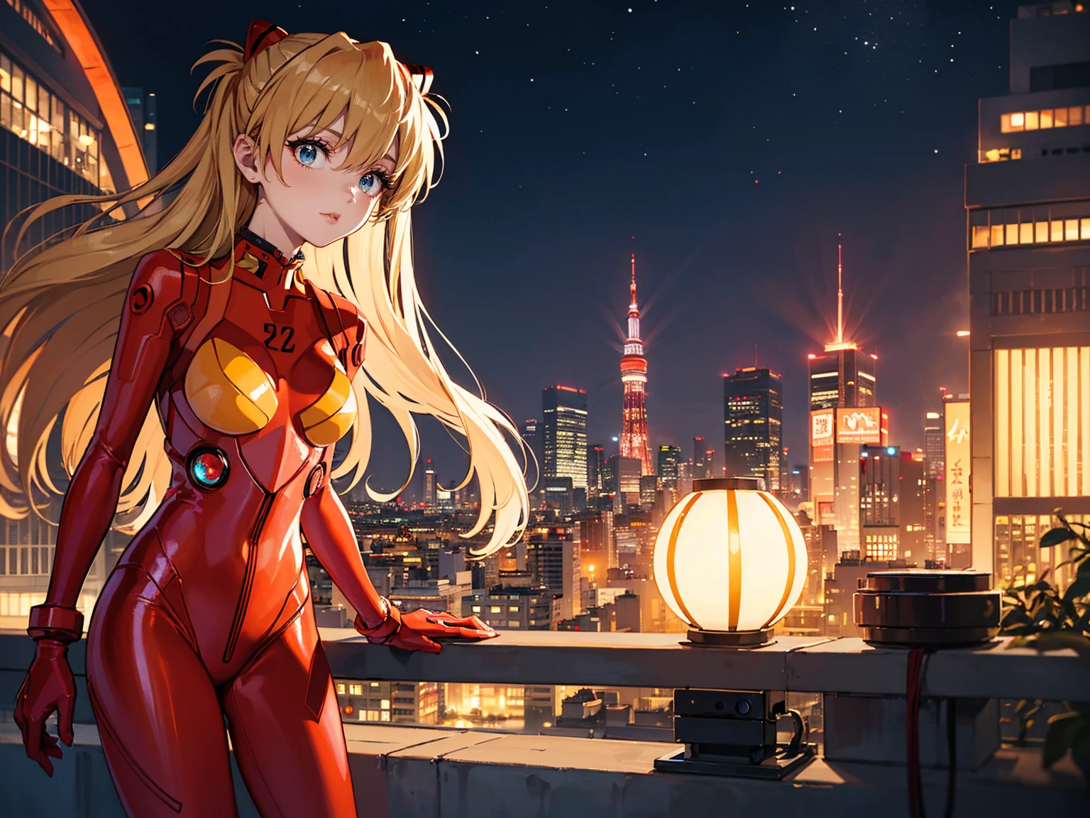 Realistic wide-angle photos,Dynamic Angle,Extremely detailed, illustration, straight on, 1 girl, ((Muneru Asuka Langley, Interface Headphones, Red leggings:1.4, Blonde)),Her eyes shone like Dreamy stars,(Glowing eyes:1.233),(Beautiful and delicate eyes:1.1),(Everlasting), Standing on top of Tokyo Tower, Soft Light, (night:1.2),Dreamy, [[Slender fingers and hands:0.55]::0.85],(Detail fingers)