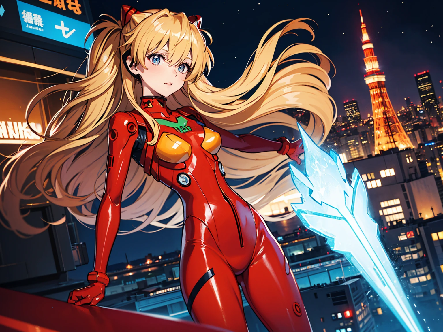 Realistic wide-angle photos,Dynamic Angle,Extremely detailed, illustration, straight on, 1 girl, ((Muneru Asuka Langley, Interface Headphones, Red leggings:1.4, Blonde)),Her eyes shone like Dreamy stars,(Glowing eyes:1.233),(Beautiful and delicate eyes:1.1),(Everlasting), Standing on top of Tokyo Tower, Soft Light, (night:1.2),Dreamy, [[Slender fingers and hands:0.55]::0.85],(Detail fingers)