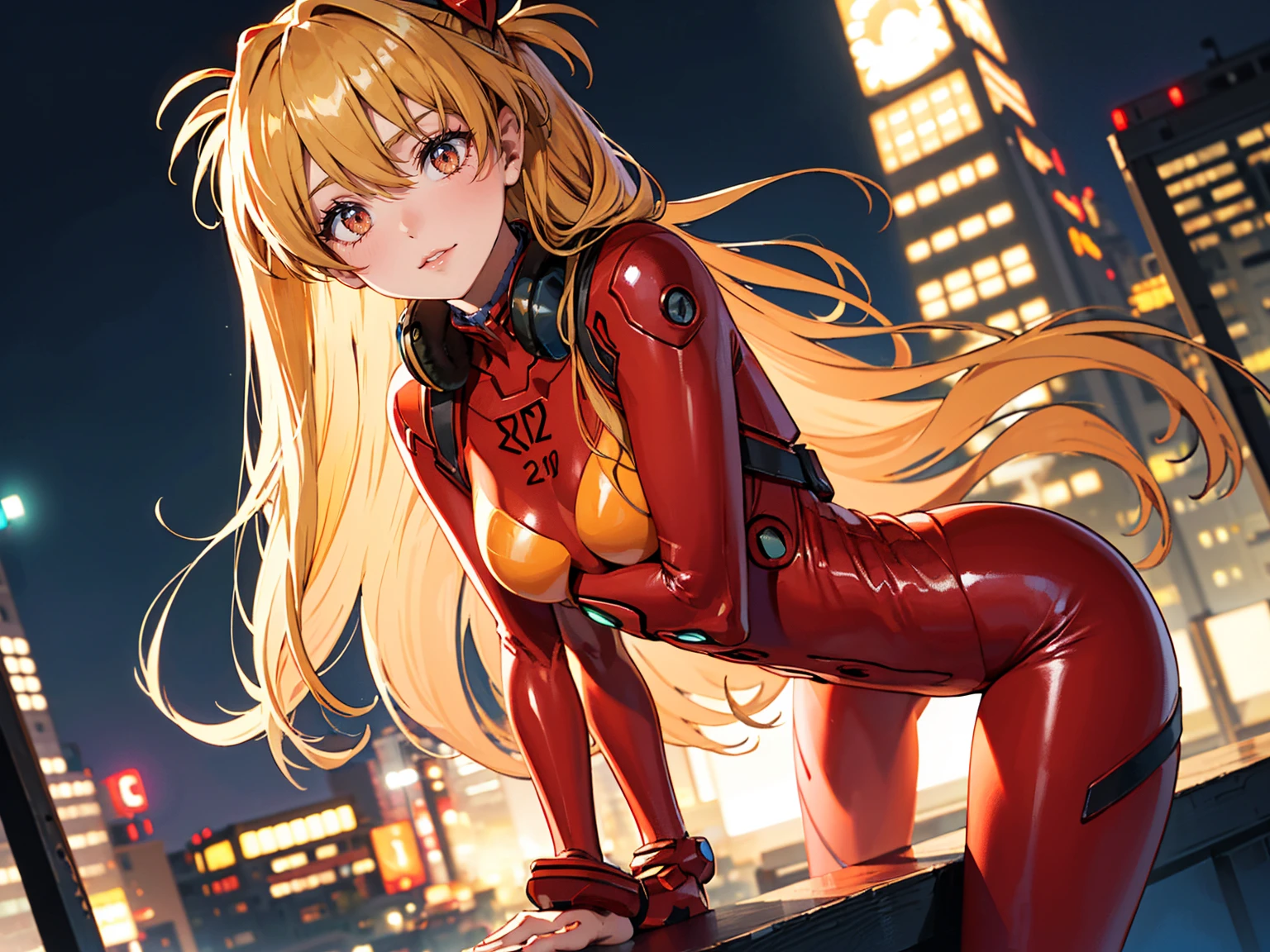 Realistic wide-angle photos,Dynamic Angle,Extremely detailed, illustration, straight on, 1 girl, ((Muneru Asuka Langley, Interface Headphones, Red leggings:1.4, Blonde)),Her eyes shone like Dreamy stars,(Glowing eyes:1.233),(Beautiful and delicate eyes:1.1),(Everlasting), Standing on top of Tokyo Tower, Soft Light, (night:1.2),Dreamy, [[Slender fingers and hands:0.55]::0.85],(Detail fingers)