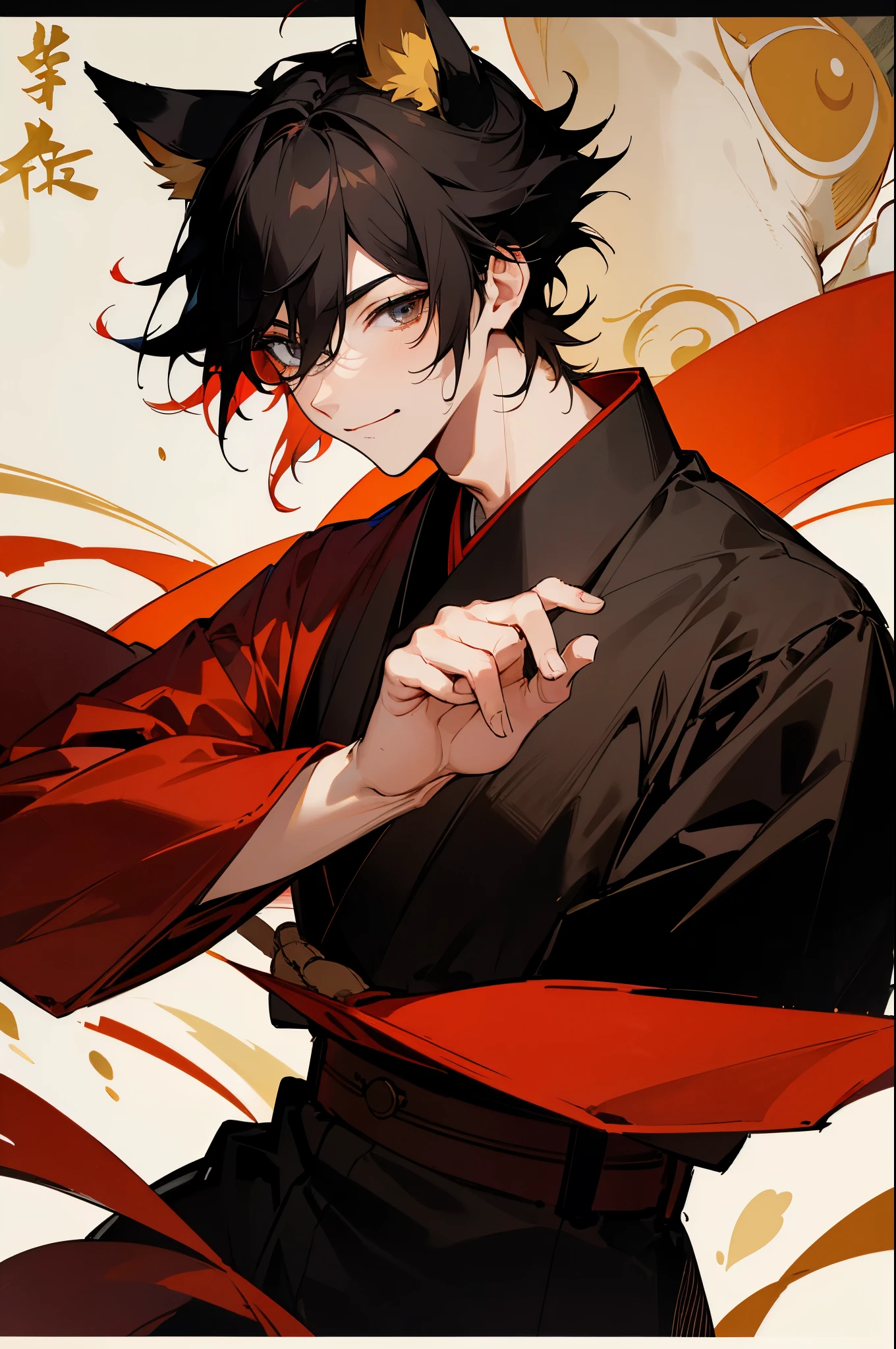 (high-quality, breathtaking),(expressive eyes, perfect face), 1boy, male, solo, young adult, black hair , gold coloured eyes, gentle smile, short hair, loose hair, hair between eyes, japanese clothing, red shirt with a gold and black trim, black pants, brown belt, black fox ears on top of his head, wears a japanese fox mask on the side of his head, patterns on kimono, masculine face, hair covers ears
