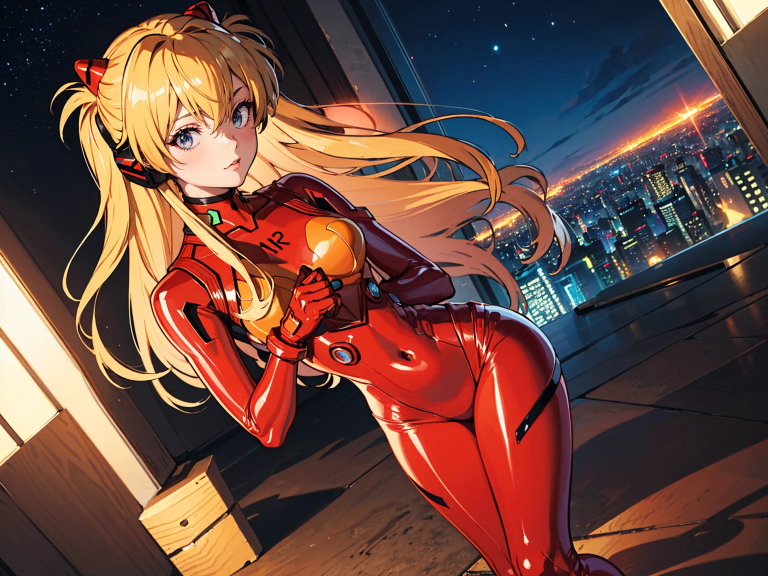 Realistic wide-angle photos,Dynamic Angle,Extremely detailed, illustration, straight on, 1 girl, ((Muneru Asuka Langley, Interface Headphones, Red leggings:1.4, Blonde)),Her eyes shone like Dreamy stars,(Glowing eyes:1.233),(Beautiful and delicate eyes:1.1),(Everlasting), Standing on top of Tokyo Tower, Soft Light, (night:1.2),Dreamy, [[Slender fingers and hands:0.55]::0.85],(Detail fingers)