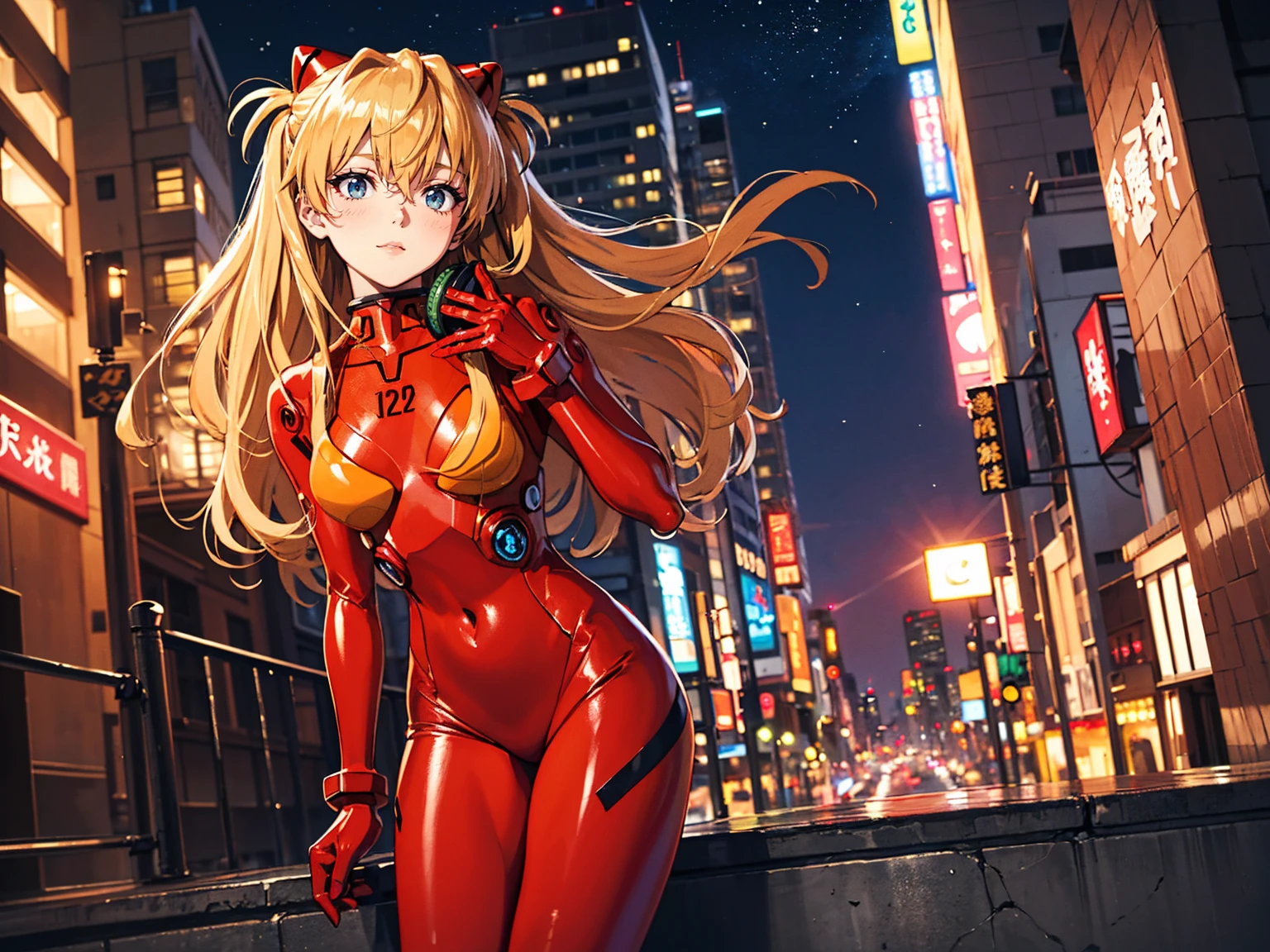 Realistic wide-angle photos,Dynamic Angle,Extremely detailed, illustration, straight on, 1 girl, ((Muneru Asuka Langley, Interface Headphones, Red leggings:1.4, Blonde)),Her eyes shone like Dreamy stars,(Glowing eyes:1.233),(Beautiful and delicate eyes:1.1),(Everlasting), Standing on top of Tokyo Tower, Soft Light, (night:1.2),Dreamy, [[Slender fingers and hands:0.55]::0.85],(Detail fingers)