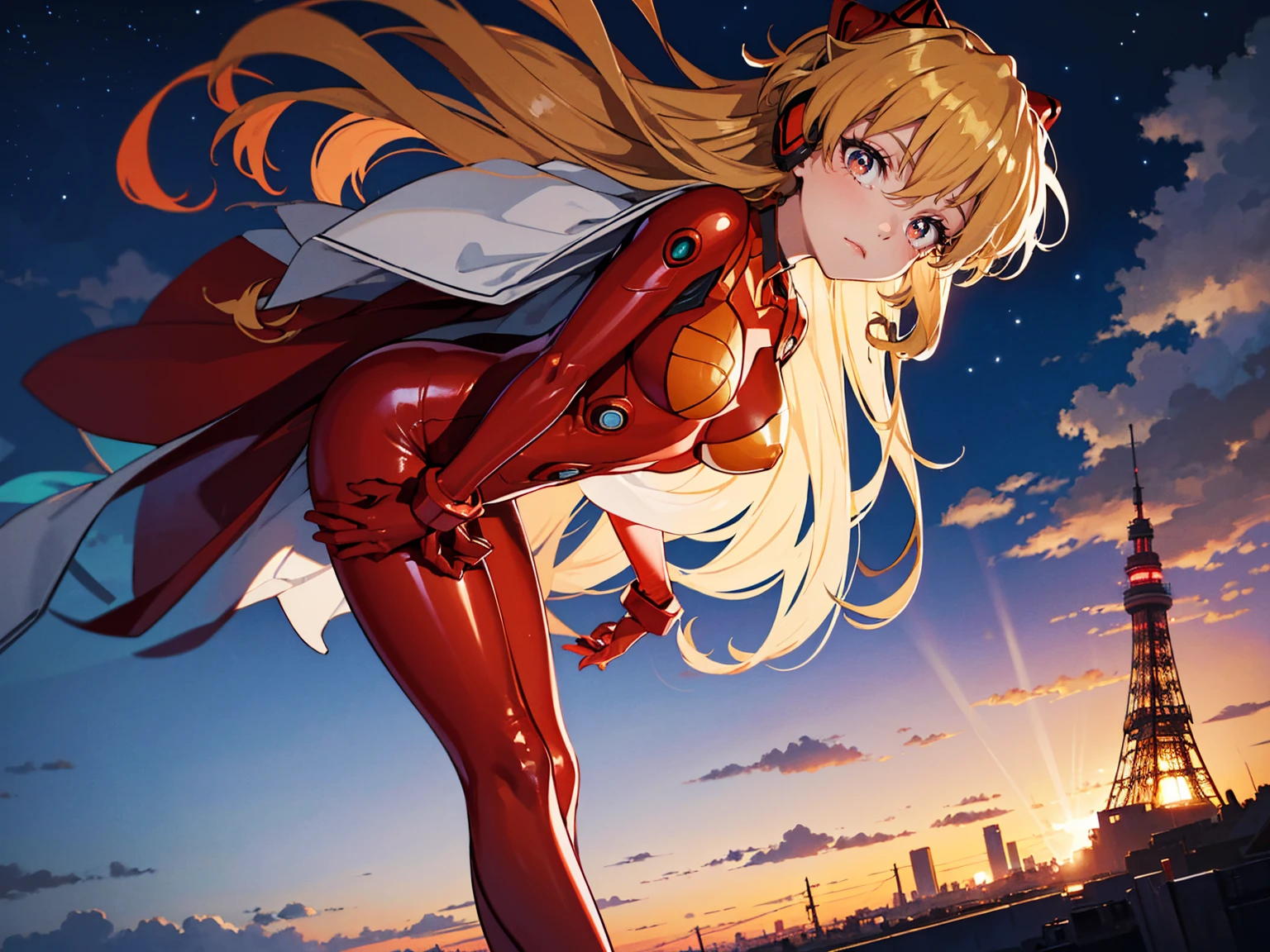 Realistic wide-angle photos,Dynamic Angle,Extremely detailed, illustration, straight on, 1 girl, ((Muneru Asuka Langley, Interface Headphones, Red leggings:1.4, Blonde)),Her eyes shone like Dreamy stars,(Glowing eyes:1.233),(Beautiful and delicate eyes:1.1),(Everlasting), Standing on top of Tokyo Tower, Soft Light, (night:1.2),Dreamy, [[Slender fingers and hands:0.55]::0.85],(Detail fingers)