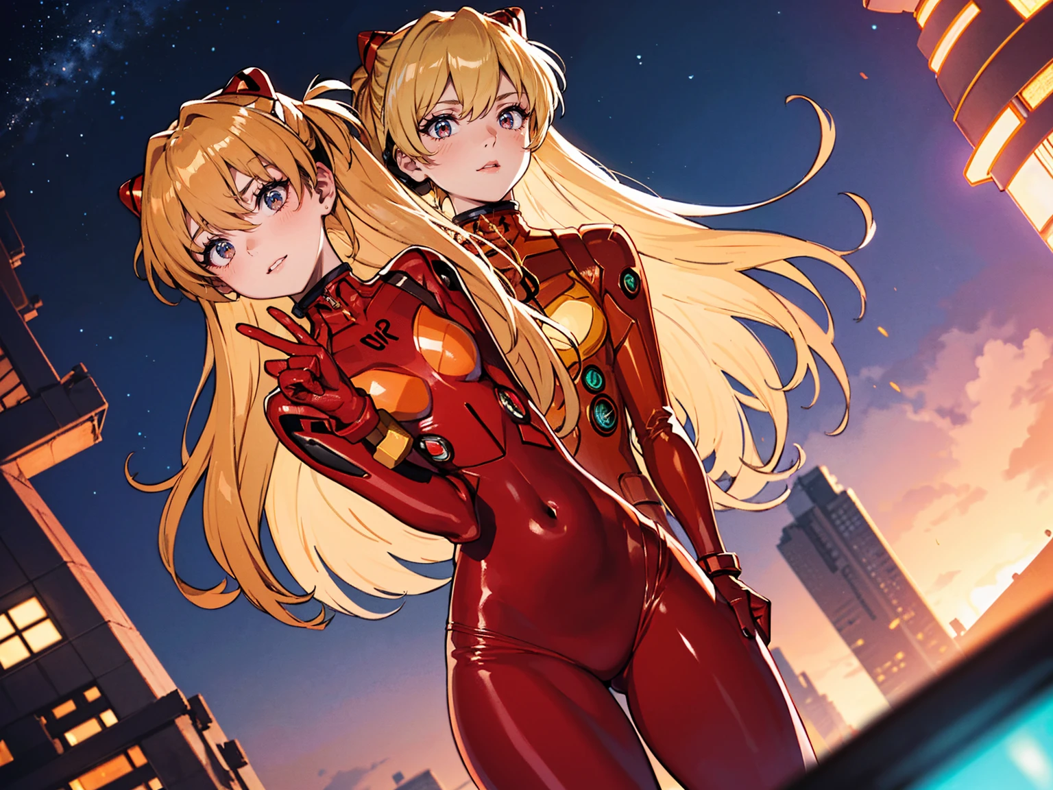 Realistic wide-angle photos,Dynamic Angle,Extremely detailed, illustration, straight on, 1 girl, ((Muneru Asuka Langley, Interface Headphones, Red leggings:1.4, Blonde)),Her eyes shone like Dreamy stars,(Glowing eyes:1.233),(Beautiful and delicate eyes:1.1),(Everlasting), Standing on top of Tokyo Tower, Soft Light, (night:1.2),Dreamy, [[Slender fingers and hands:0.55]::0.85],(Detail fingers)